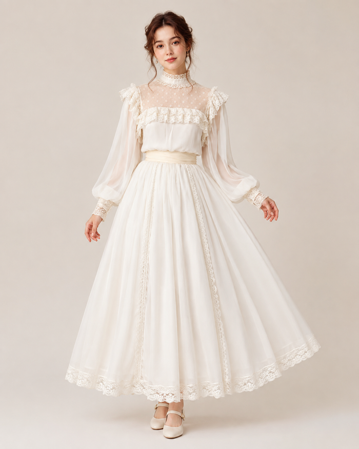 Cassia Cream Lace-Trim Midi Dress