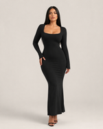 Corinne Noir Square-Neck Gown