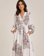 Eleonora Volume Sleeve Embroidered Dress | White/Merlot