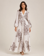 Eleonora Volume Sleeve Embroidered Dress | White/Merlot