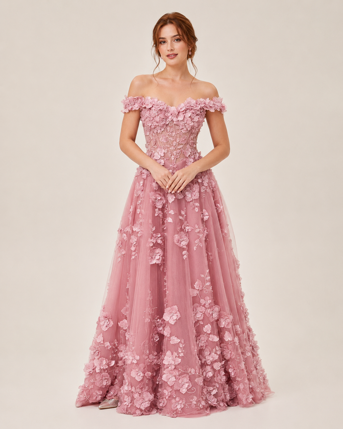 Elvira Blush 3D Floral Evening Gown