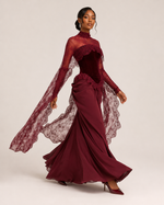 Jelena Bordeaux Satin & Lace Gown