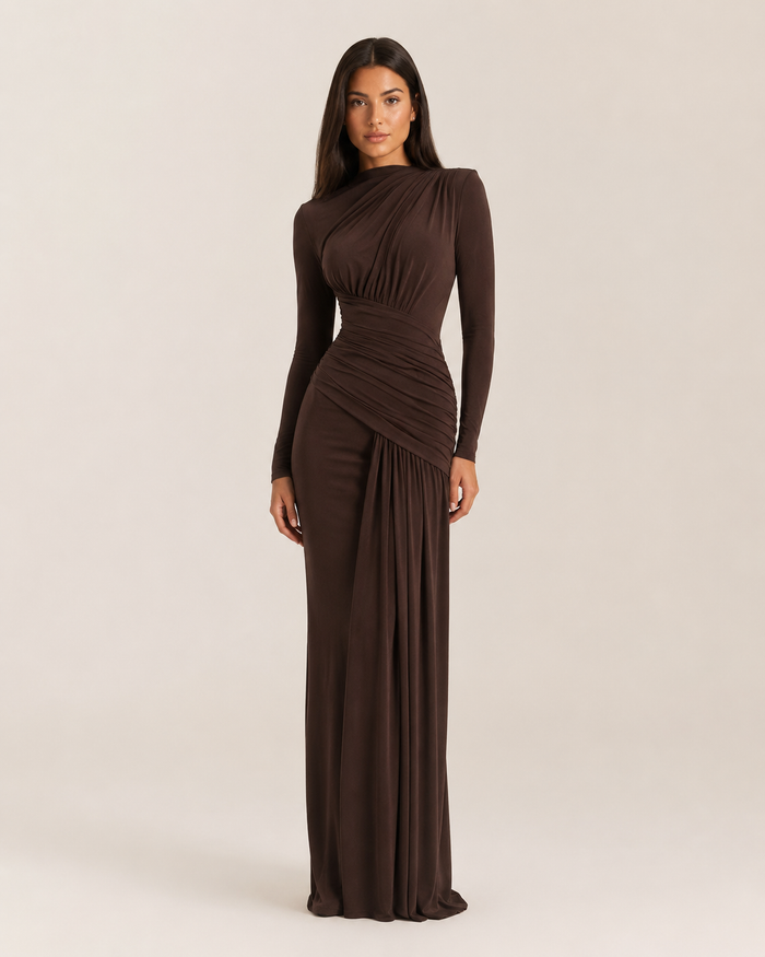 Lorraine Cocoa Long-Sleeve Gown