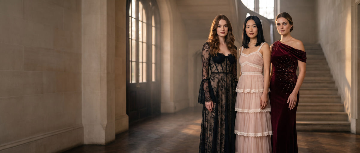 Three women in ornate evening dresses in a grand stone hall
