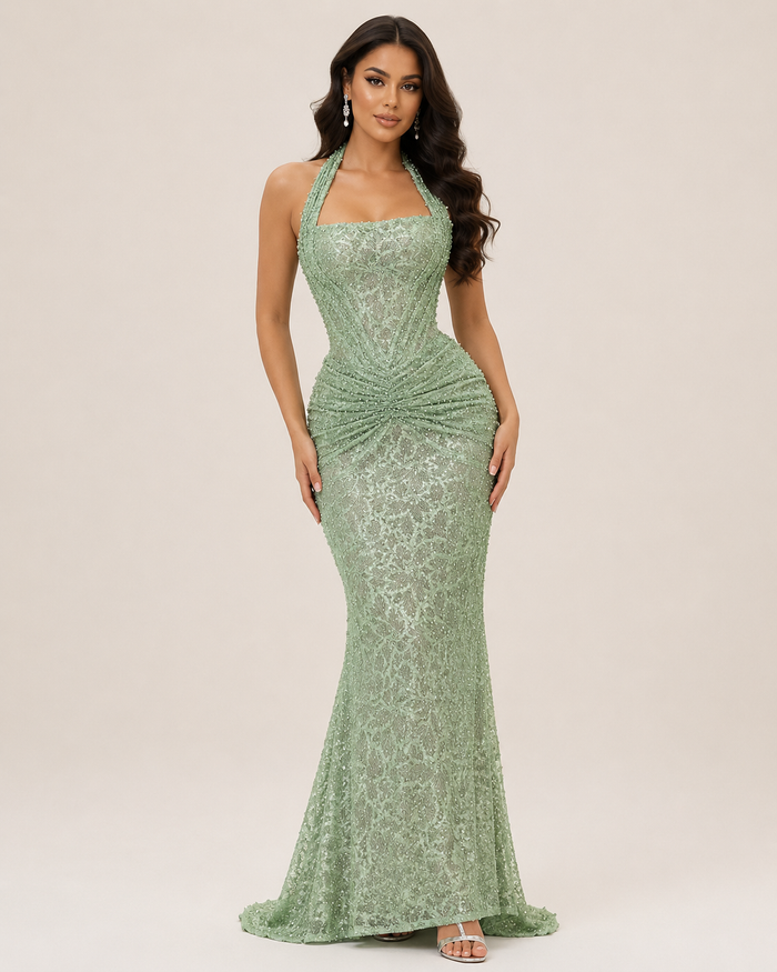 Maëva Pistachio Ruched Maxi Dress