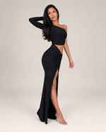 Sloane Black One-Shoulder Top & Ruched Skirt Set
