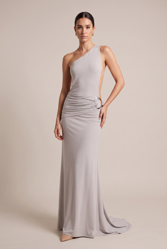 Vesper One-Shoulder Maxi Dress in Gray - front view