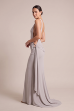 Vesper One-Shoulder Maxi Dress in Gray - side view with hip ring detail