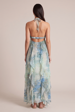 Cassiopee Blue Floral Draped Dress - open back view