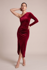 Esmée Emerald Velvet One-Shoulder Dress — red