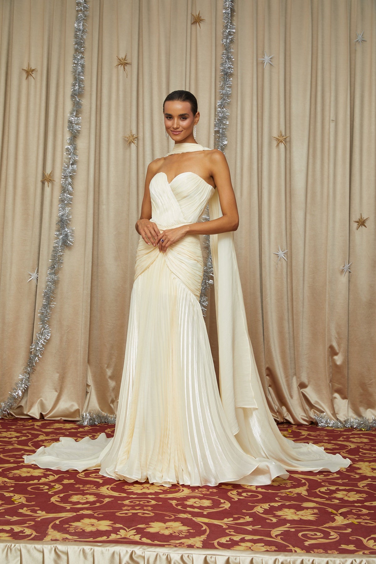 Elara Cream Pleated Gown