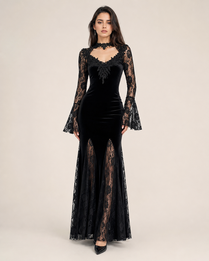 Alisa Noir Velvet Lace Gown