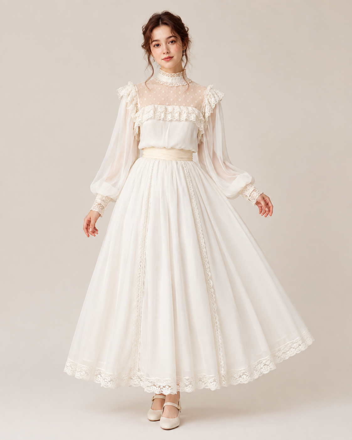 Cassia Cream Lace-Trim Midi Dress