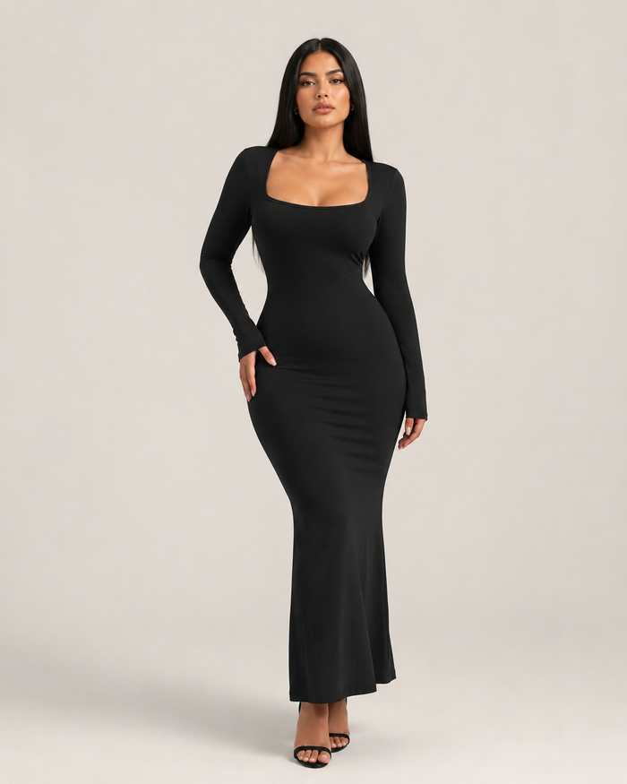 Corinne Noir Square-Neck Gown
