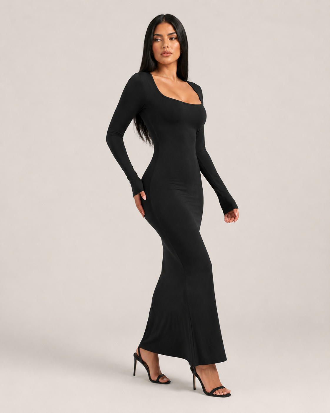 Corinne Noir Square-Neck Gown