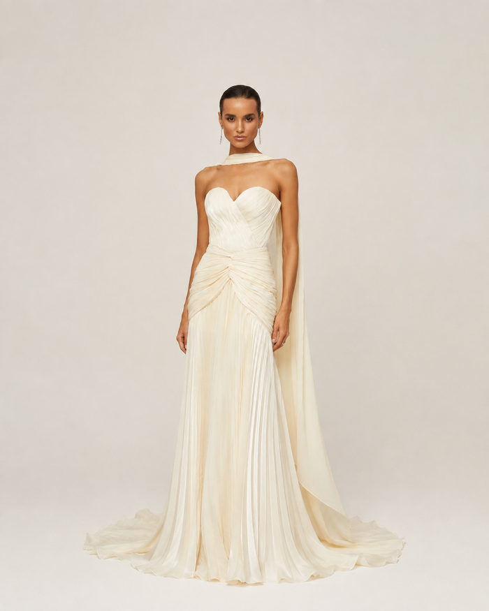 Elara Cream Pleated Gown
