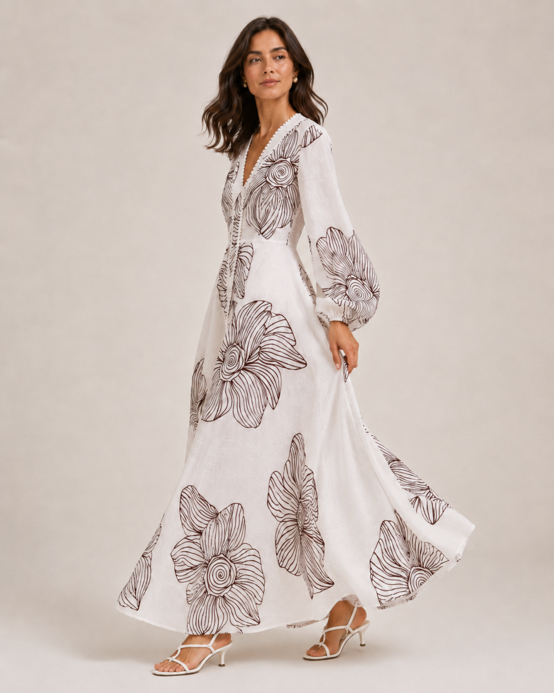 Eleonora Volume Sleeve Embroidered Dress | White/Merlot
