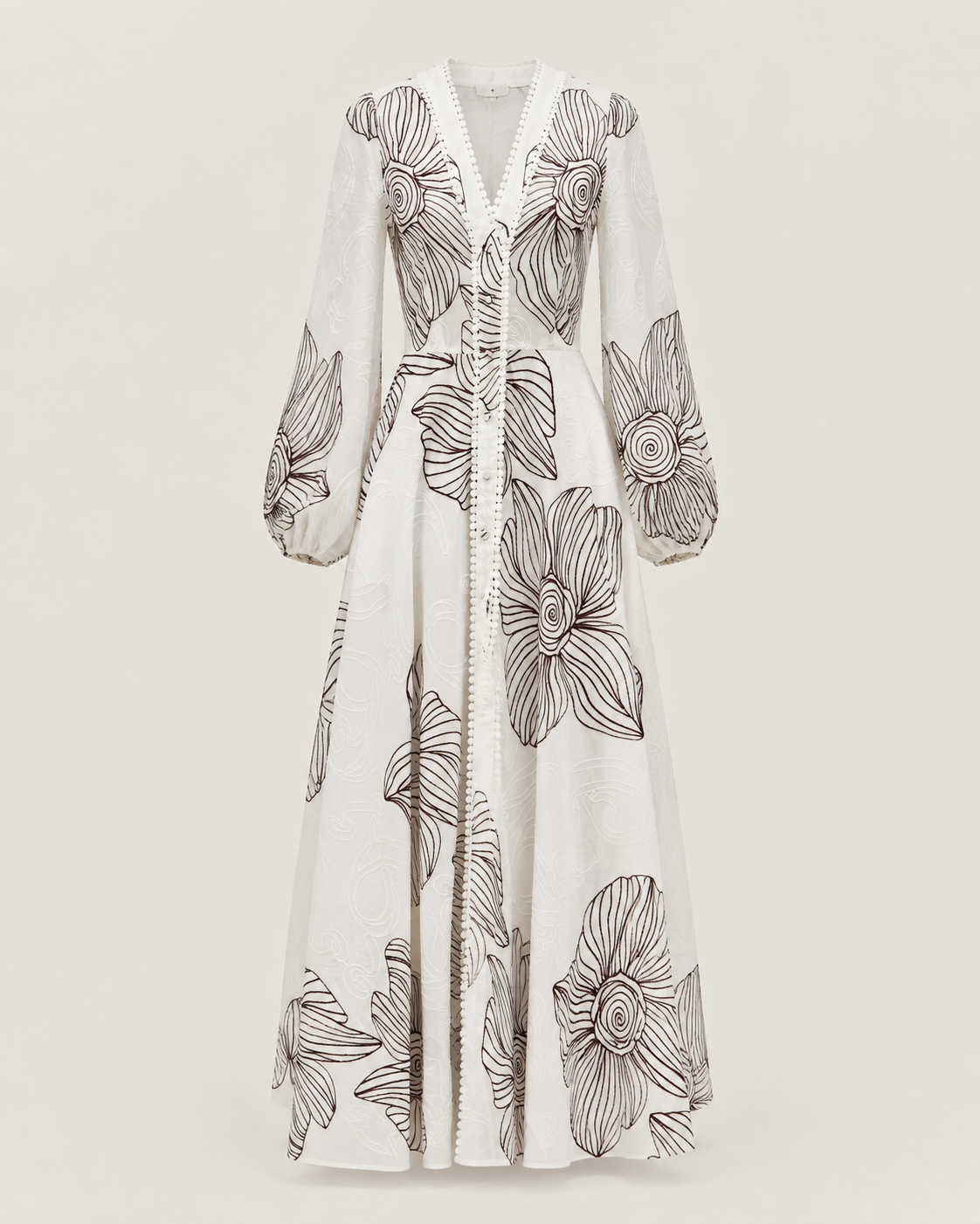 Eleonora Volume Sleeve Embroidered Dress | White/Merlot