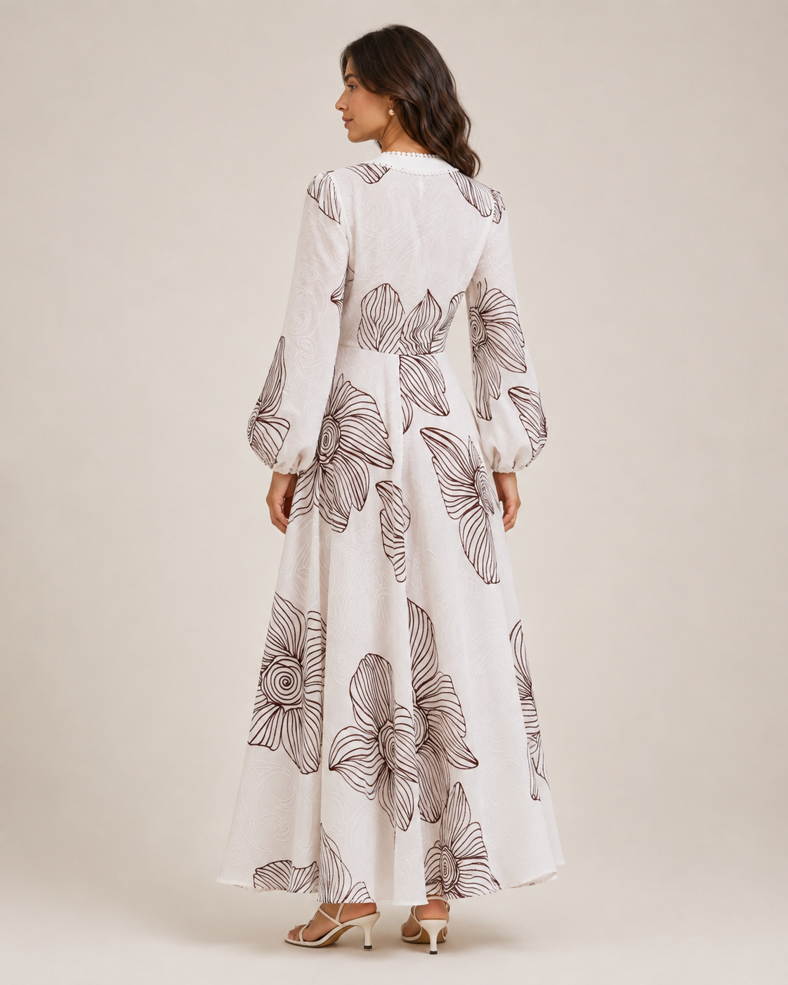 Eleonora Volume Sleeve Embroidered Dress | White/Merlot