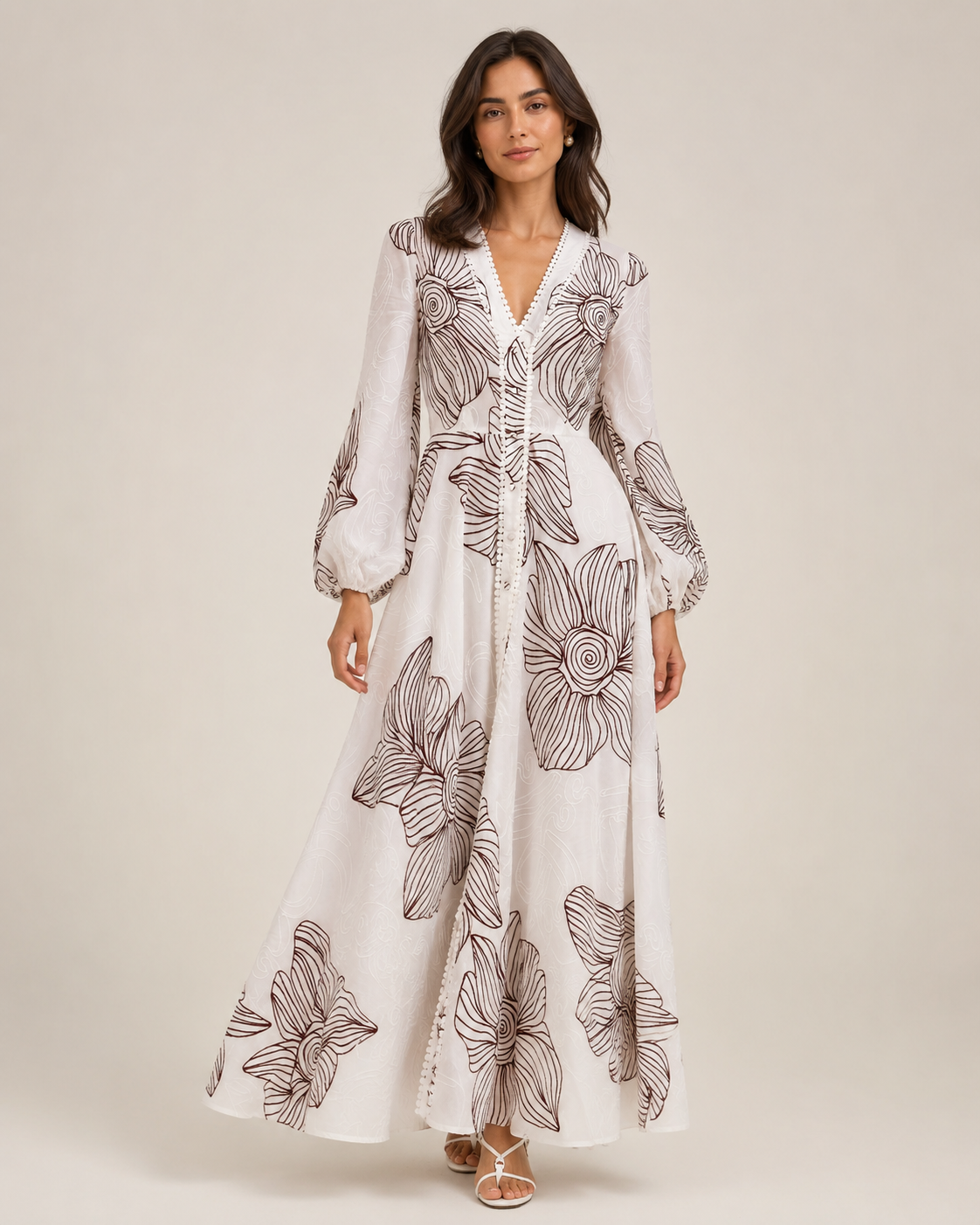 Eleonora Volume Sleeve Embroidered Dress | White/Merlot