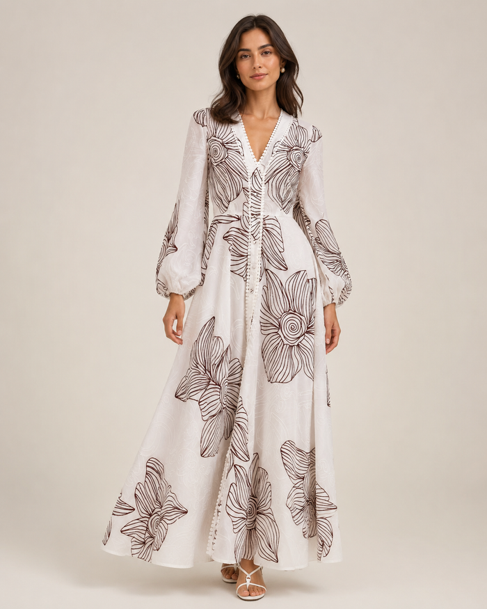 Eleonora Volume Sleeve Embroidered Dress | White/Merlot
