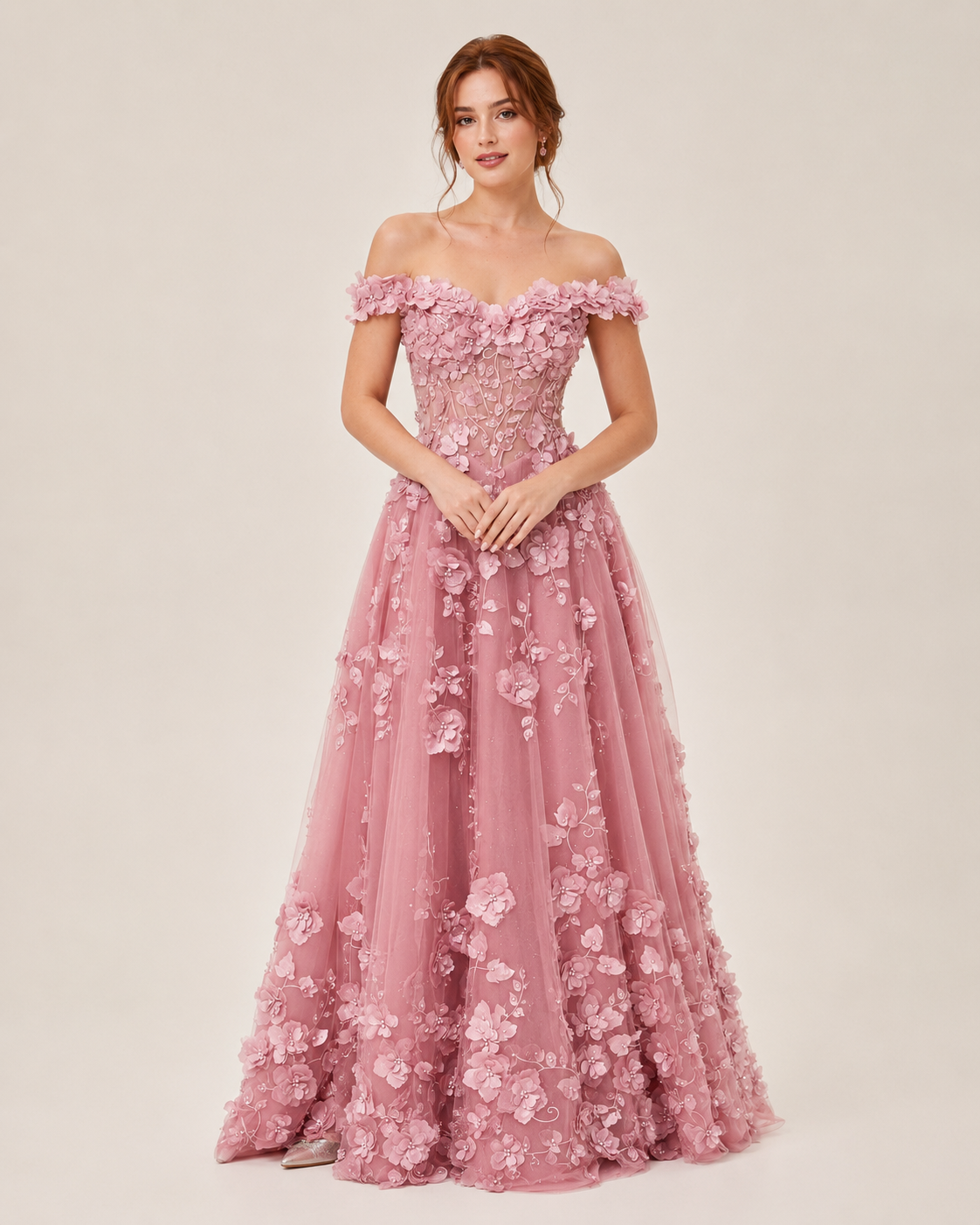 Elvira Blush 3D Floral Evening Gown
