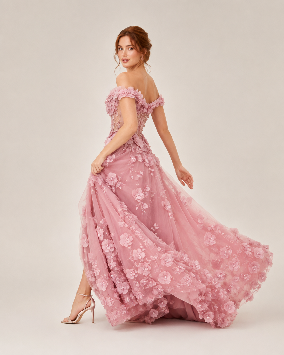 Elvira Blush 3D Floral Evening Gown