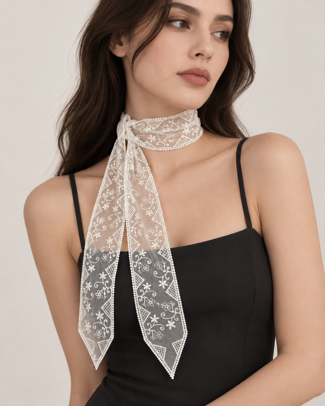 Embroidered Tulle Skinny Scarf