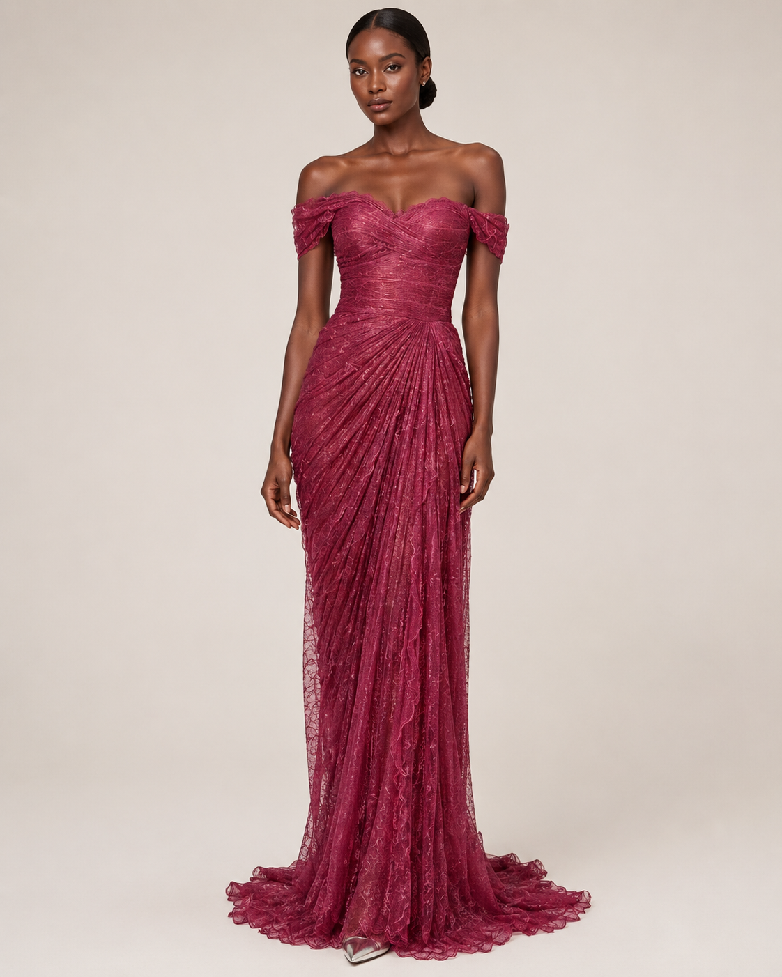 Évelisse Wine Draped Lace Maxi Dress