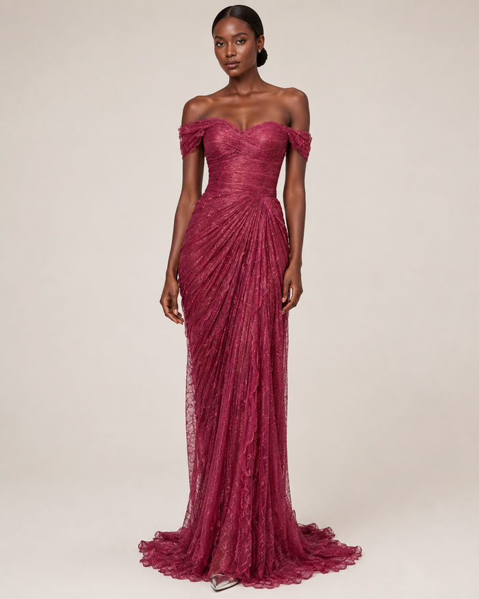 Évelisse Wine Draped Lace Maxi Dress