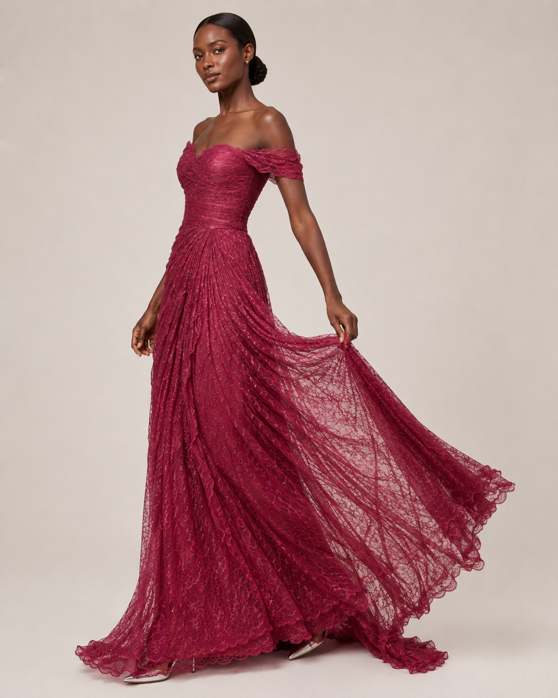 Évelisse Wine Draped Lace Maxi Dress