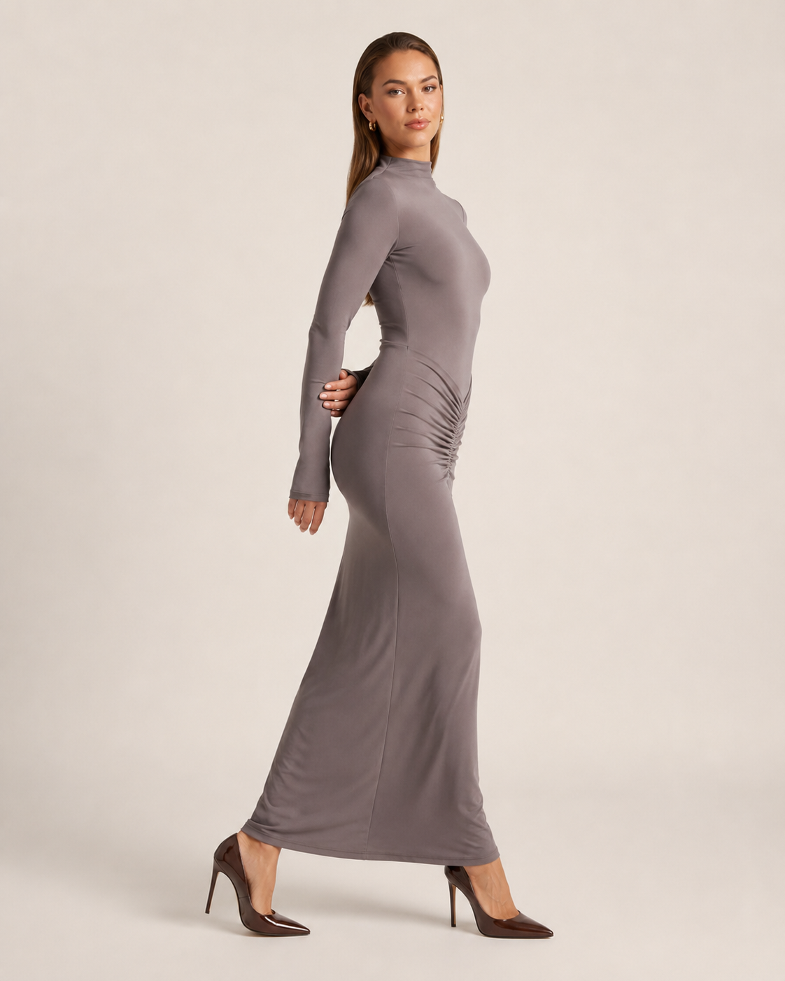 Flavia Grey Ruched Maxi Dress