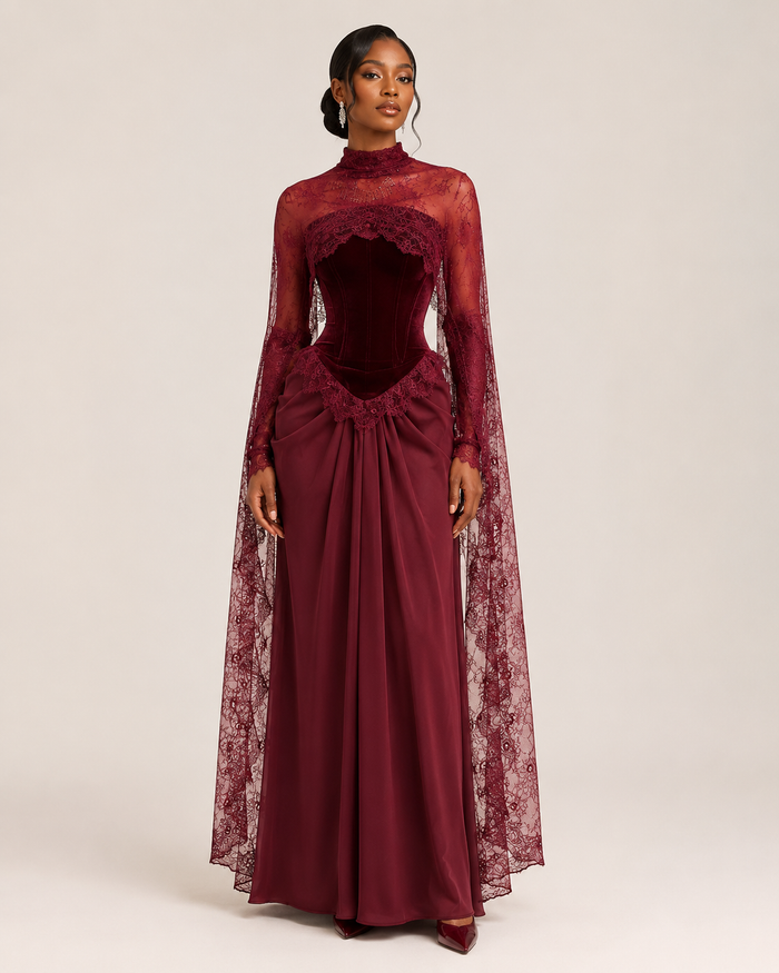 Jelena Bordeaux Satin & Lace Gown