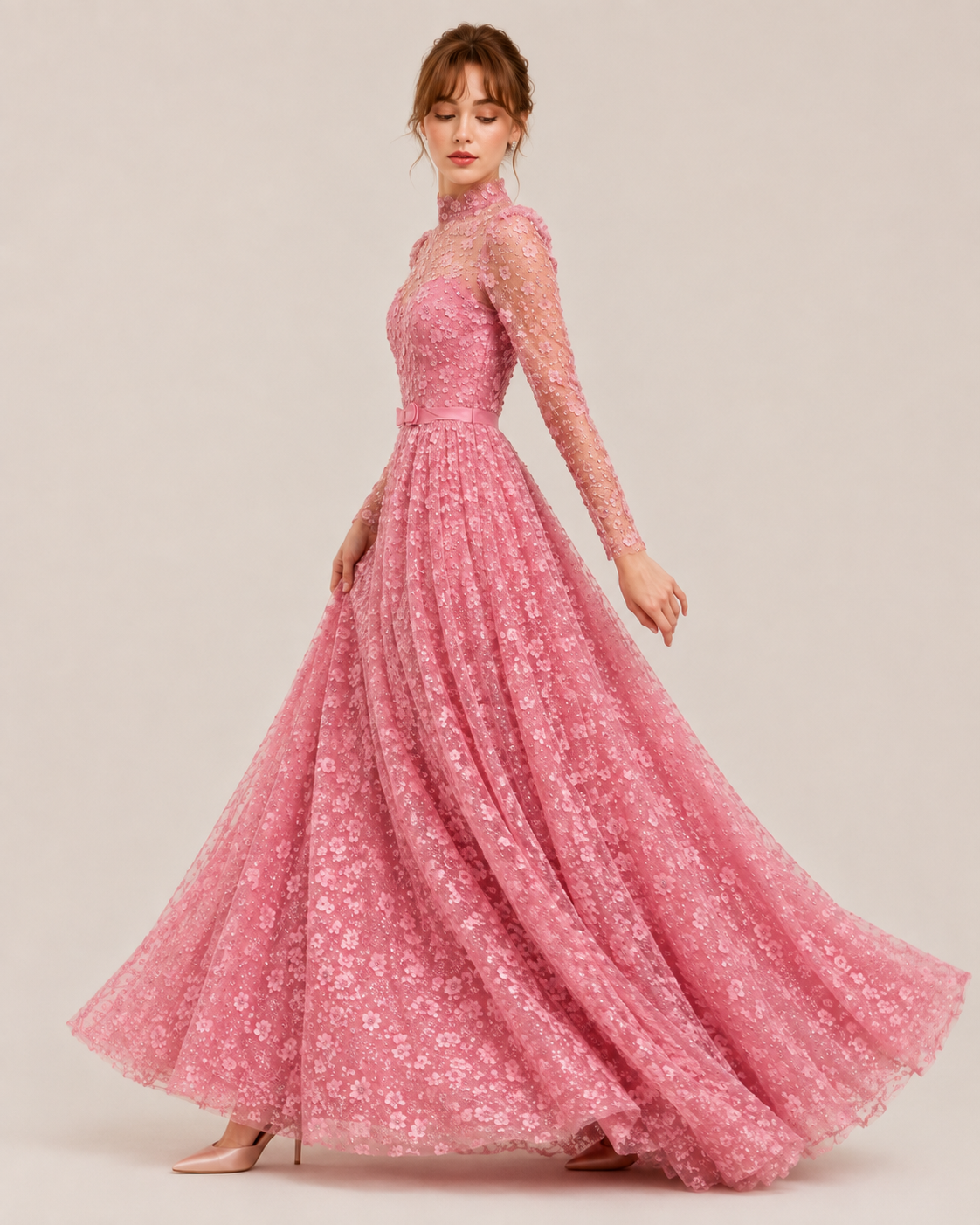 Joséphine Rose Floral High-Neck Gown