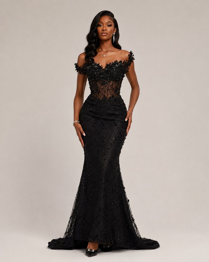 Lysandra Black Crystal Mermaid Gown