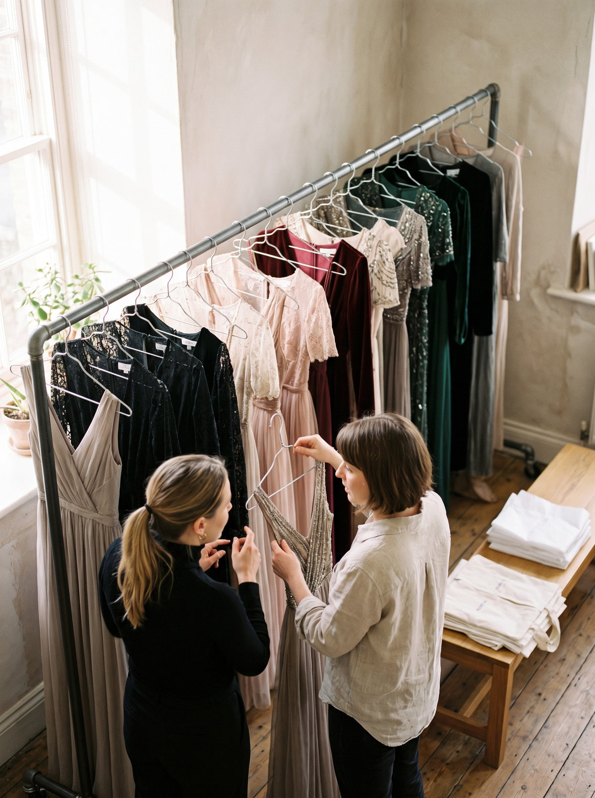 Choosing dresses on the rail in the studio