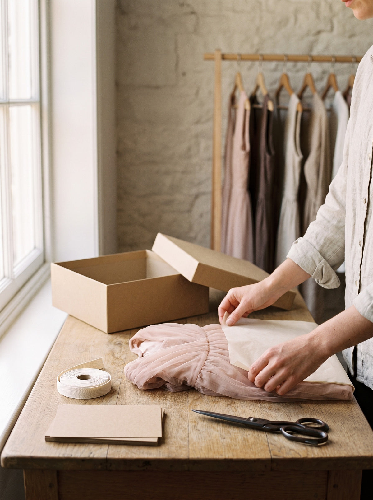 Wrapping a dress in tissue paper for shipping