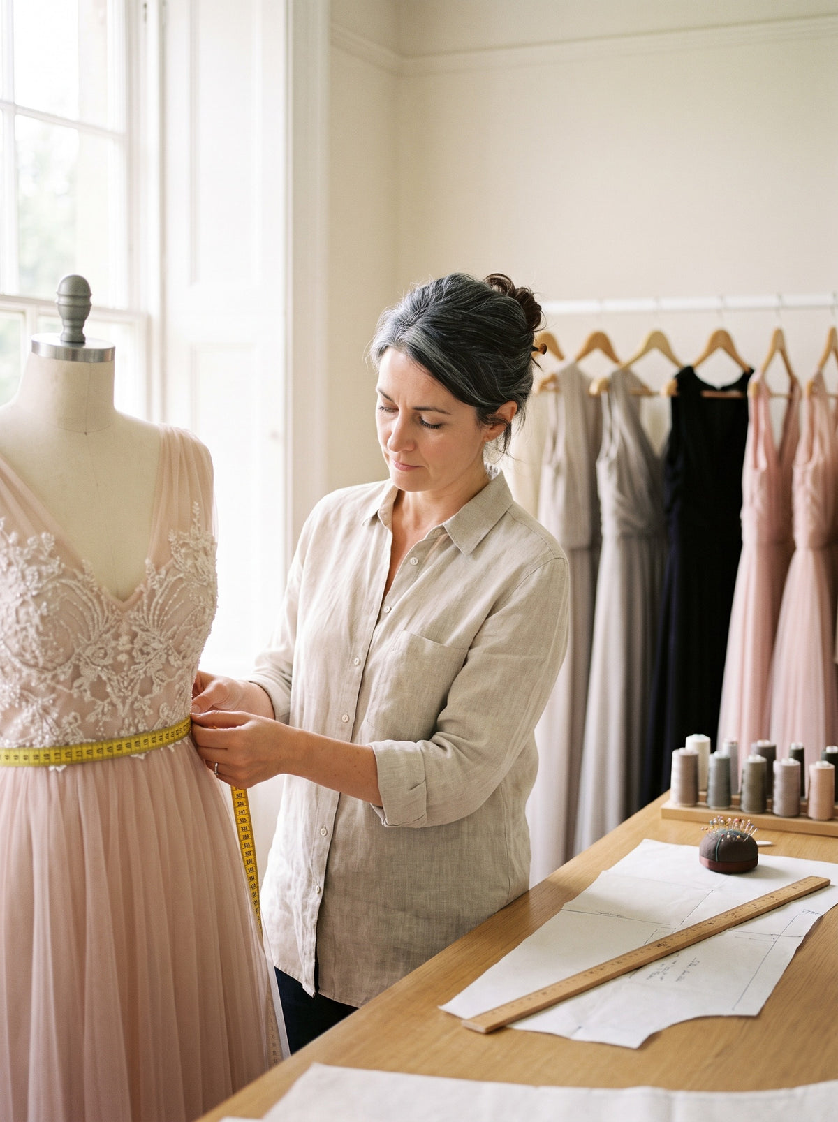 Measuring a gown on a dress form in the studio