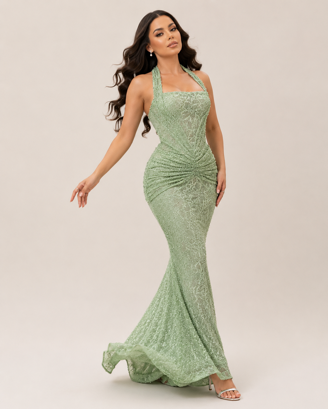 Maëva Pistachio Ruched Maxi Dress