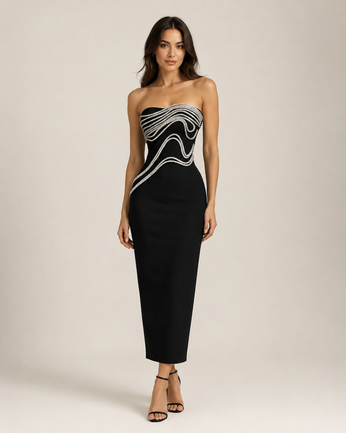 Runa Black Embellished Column Dress