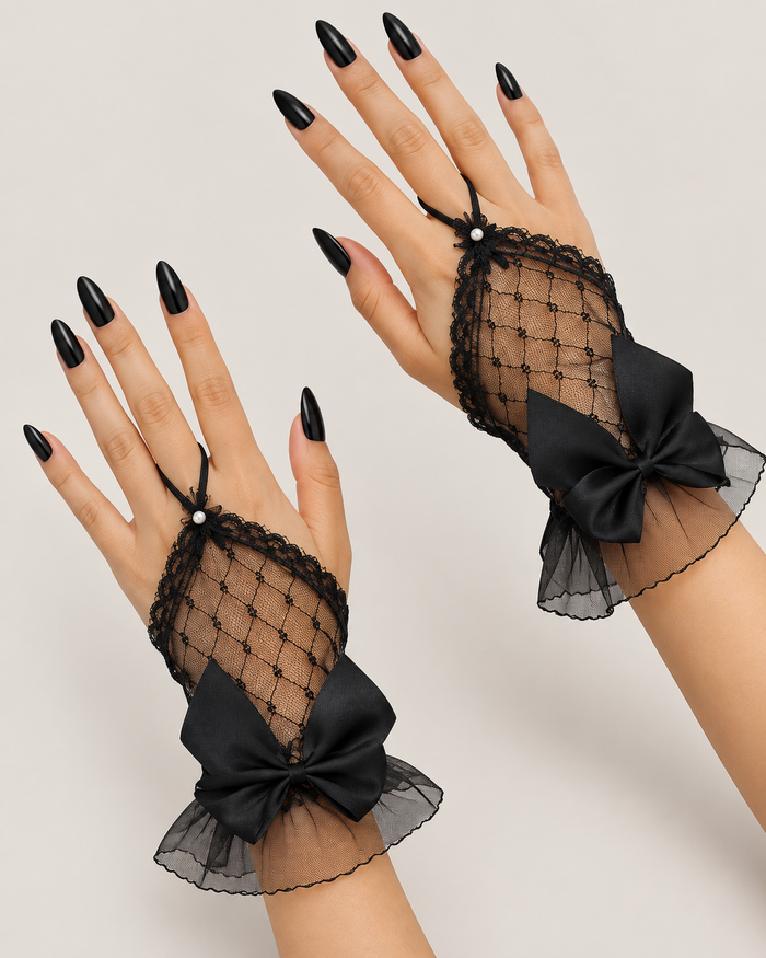 Satin Bow Net Fingerless Gloves