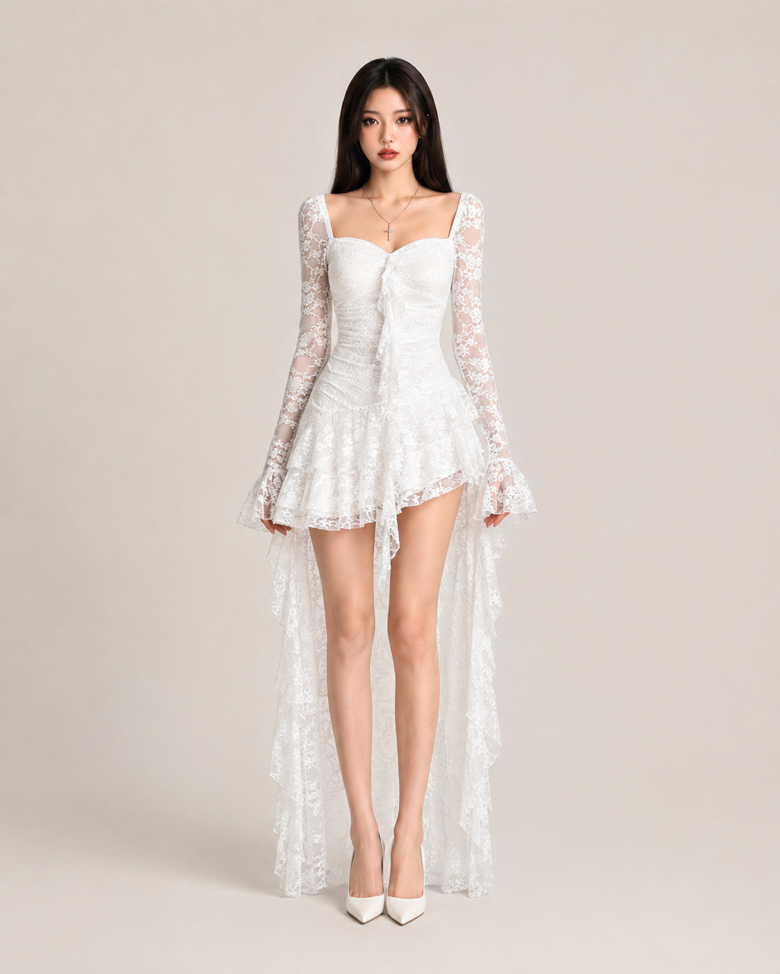Sveva Ivory Tiered Lace Dress