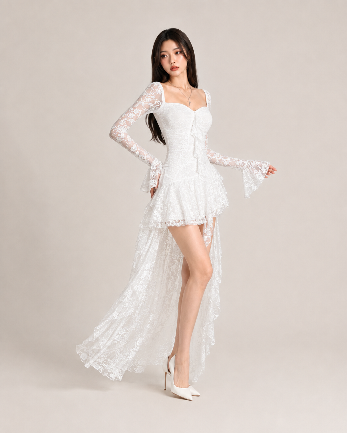 Sveva Ivory Tiered Lace Dress