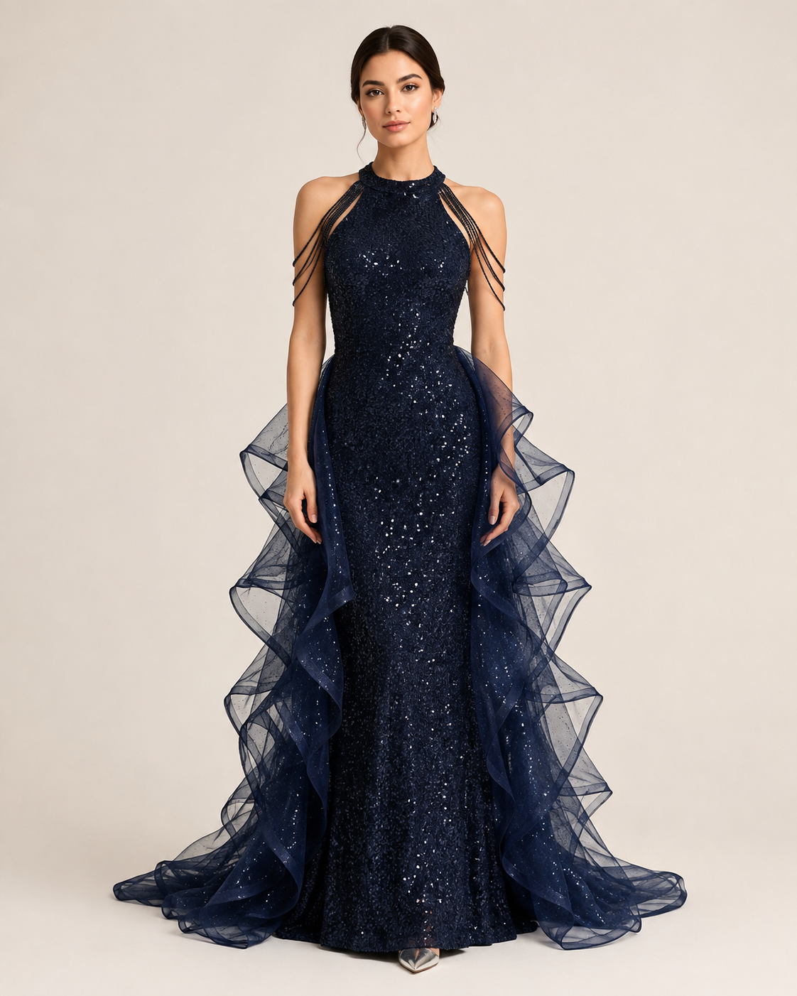 Vivienne Navy Crystal Tulle Gown