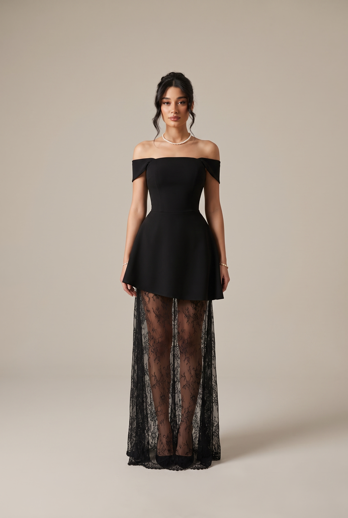 Cosette Noir Off-Shoulder Evening Gown - front view