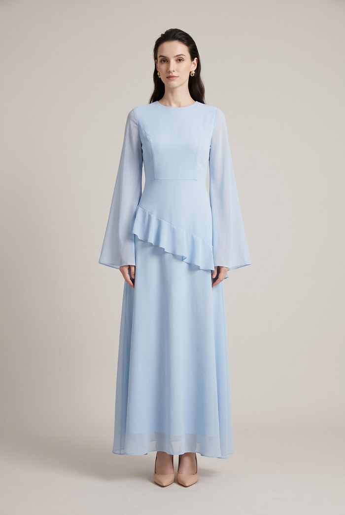 Leonie Asymmetrical Ruffle Dress in sky blue - front view
