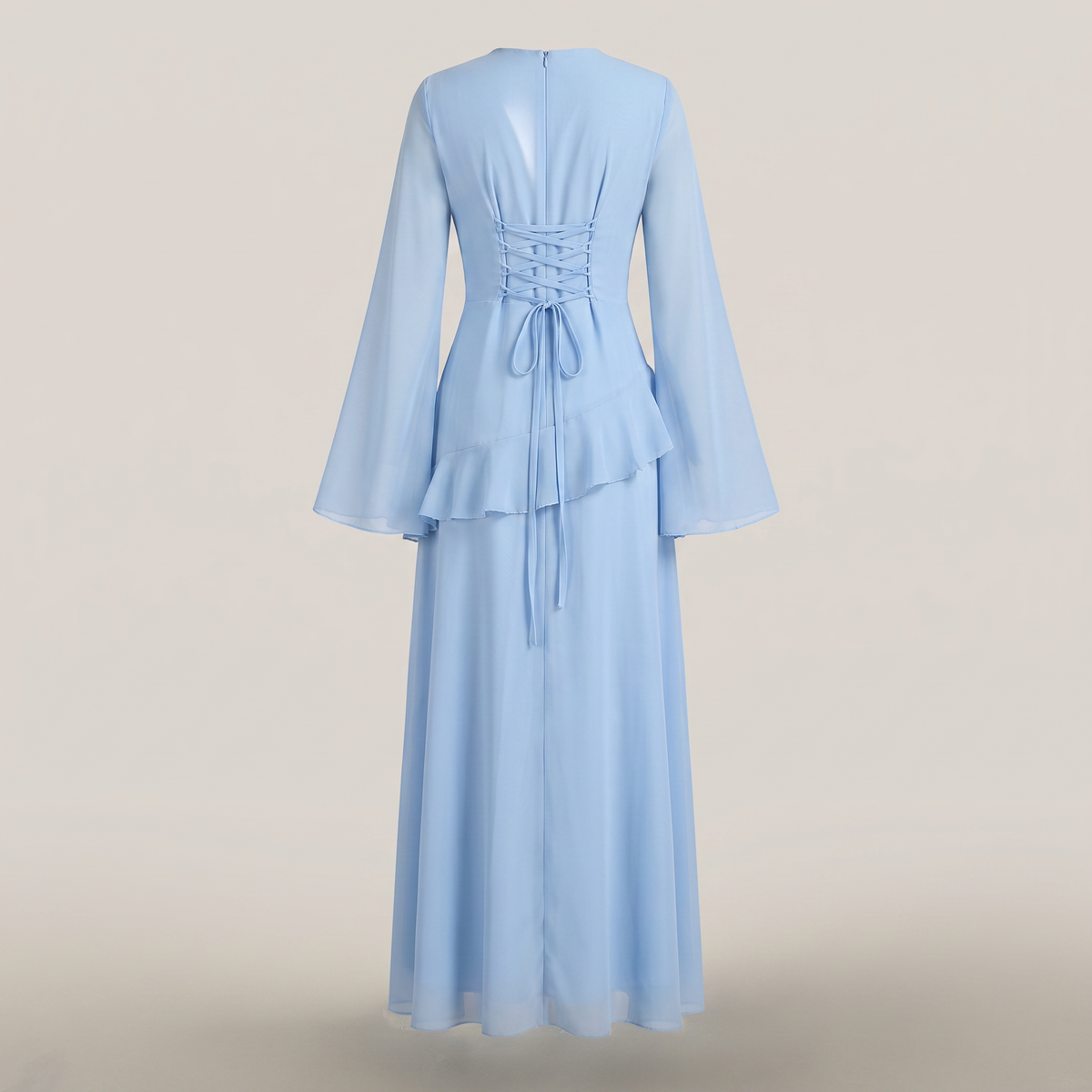 Leonie Asymmetrical Ruffle Dress in sky blue - product back view