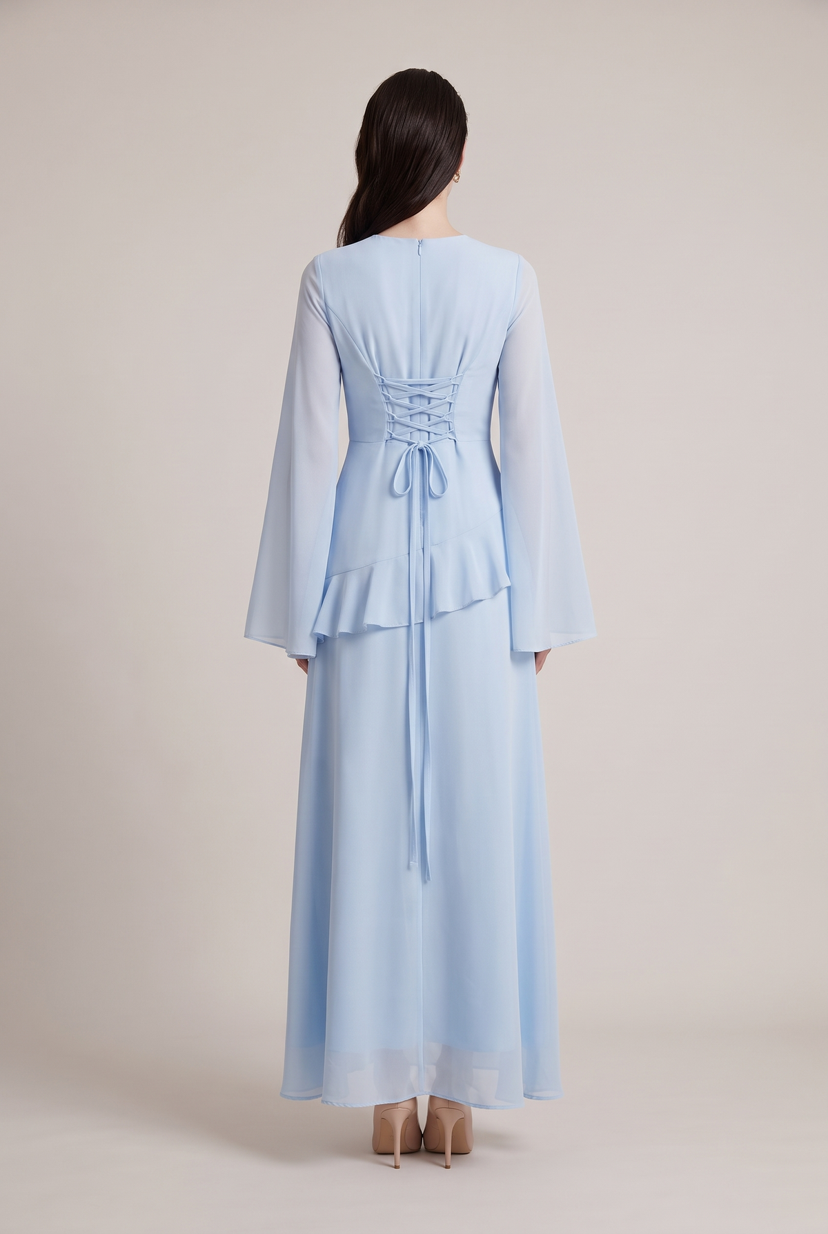 Leonie Asymmetrical Ruffle Dress in sky blue - back view