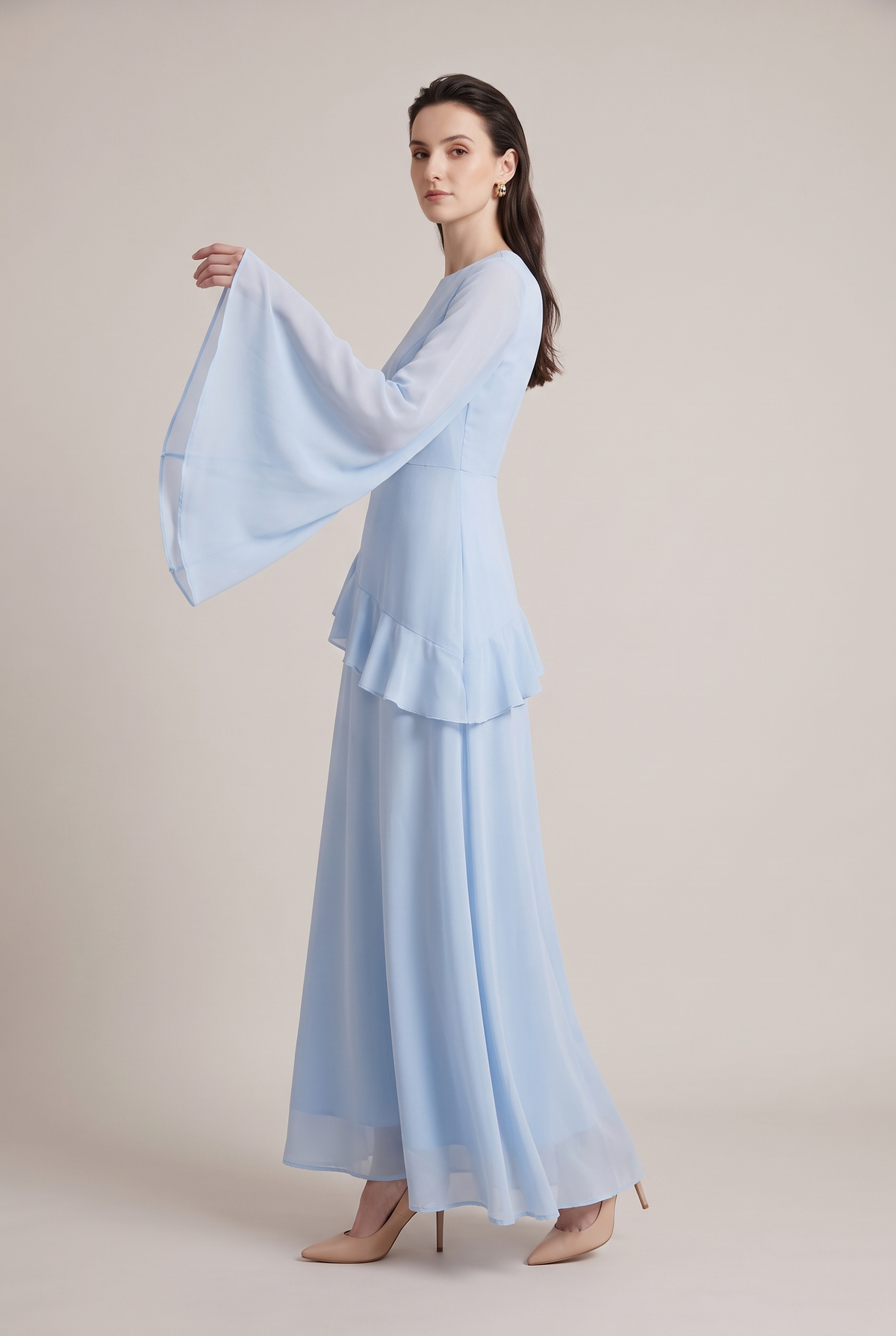 Leonie Asymmetrical Ruffle Dress in sky blue - side view
