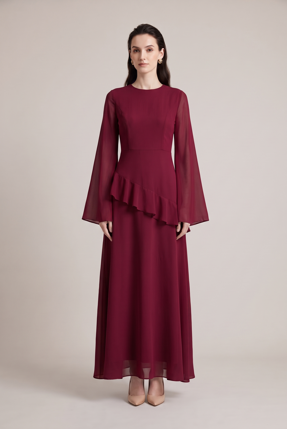 Leonie Asymmetrical Ruffle Dress in wine red - front view